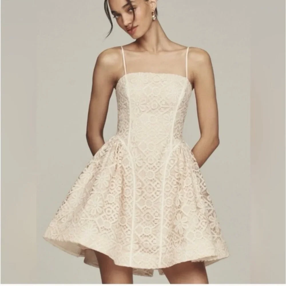 Anthropologie Cream Lace Spaghetti Strap Mini Dress Size 8 NWT - Picture 5 of 5
